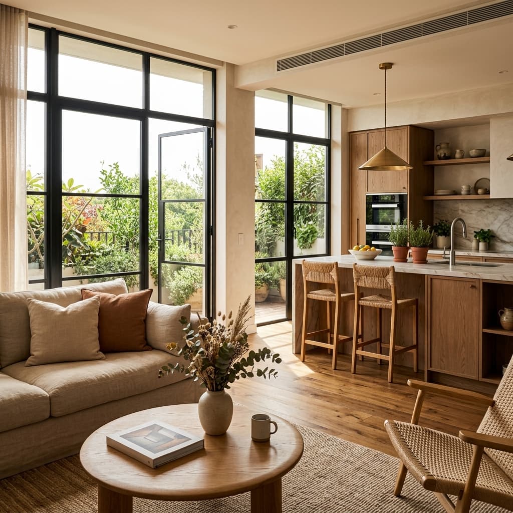 Warm, natural-light living room at Camellia Oak